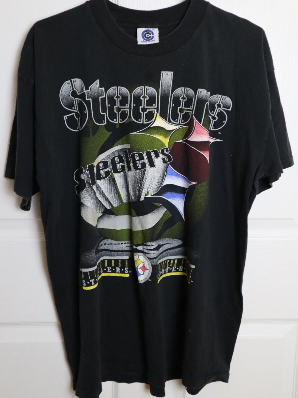 Vtg '90s Pittsburgh Steelers T-Shirt XL Graphic All Over Print Single Stitch USA